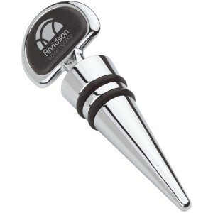 Metal wine stopper with leatherette imprint area www.winepromotionals.com EH3114