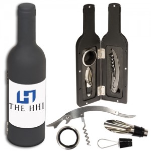 Wine bottle shaped wine tool set can be imprinted with full color on case #PL-3588