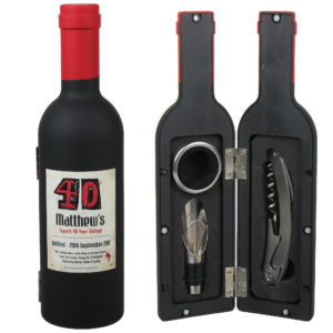 4 piece wine tool set in bottle shaped holder